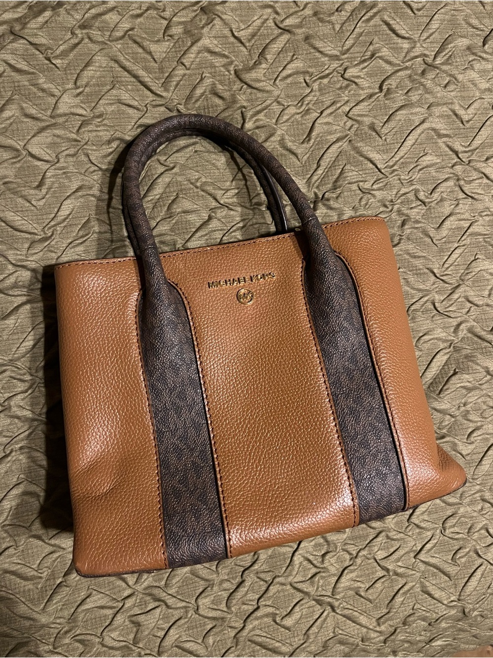 Michael Kors Two-Tone Brown Pebbled Leather Tote with Dark Signature Straps